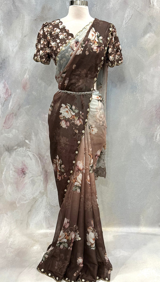 Beautiful floral organza lightweight chocolate dual color Partywear  Saree with stitched blouse size 38 cut work hand work border