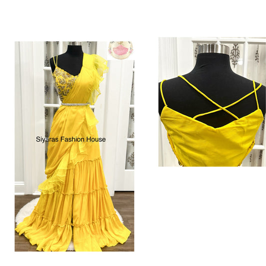 Beautiful Yellow Sharara pant crop top with the drape style. Fits size 38, 40