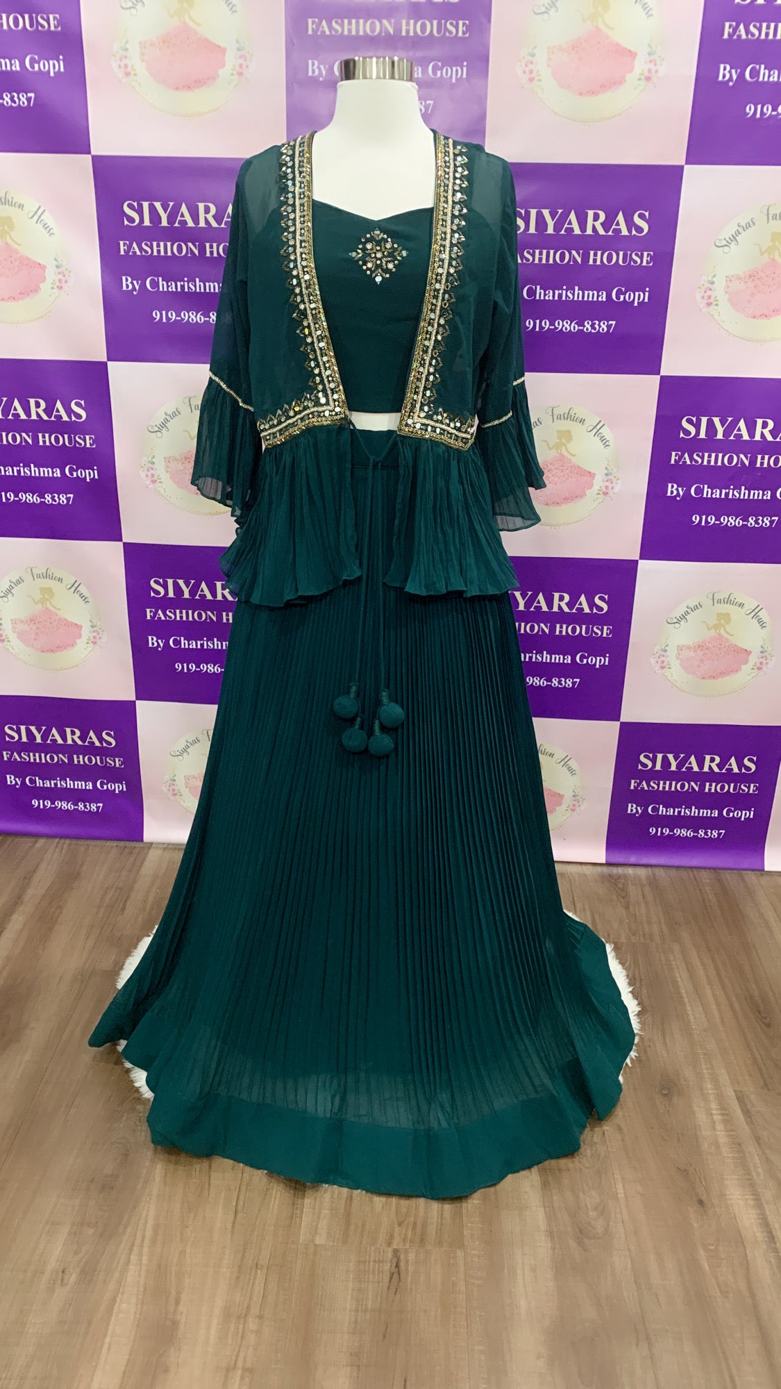 Designer Party Wear/Cocktail Crop Top with Jacket with hand work and  mirror work bell sleeves |Reception Dress| Bollywood Dress