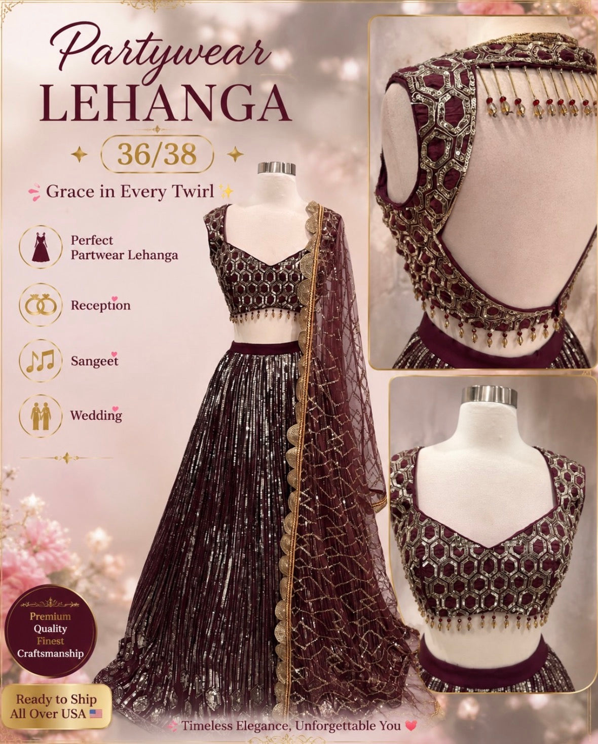 Stunning Partywear Sequence Lehanga in a rich and elegant look 💃✨ Featuring beautiful all-over shimmer, intricate detailing, and a glamorous finish! 💫
Perfect for Partywear | Reception | Sangeet | Wedding Celebrations 💕👑
📏 Size: 36/38