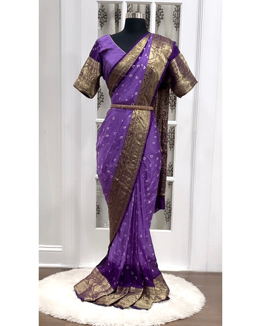 Beautiful Kanjivaram art silk with Bandini Lavender and purple combo saree with Pattu border