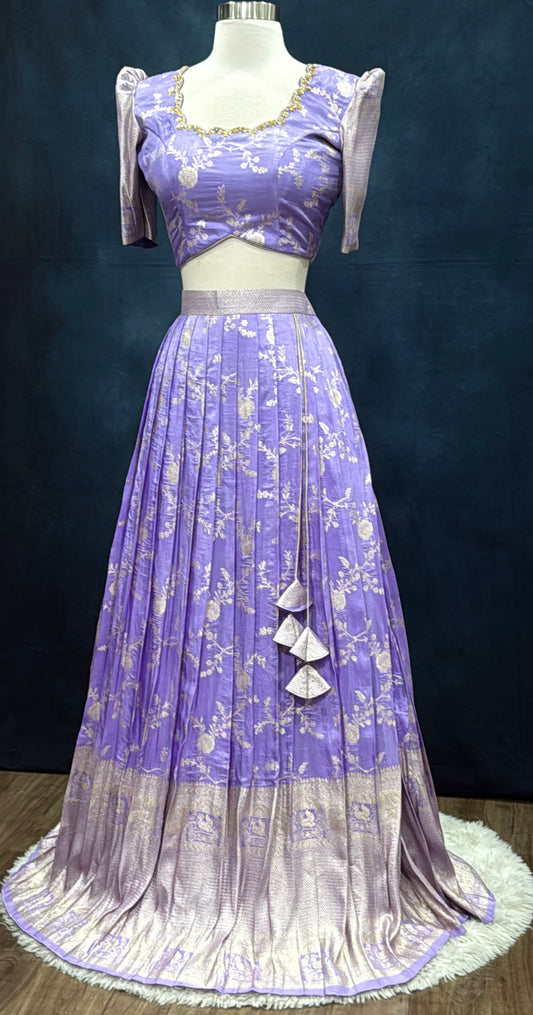 Gorgeous  Tissue Half saree/Lang Voni  with Maggam work blouse  and a grand tissue dupatta  size 36 for teens wedding half saree function