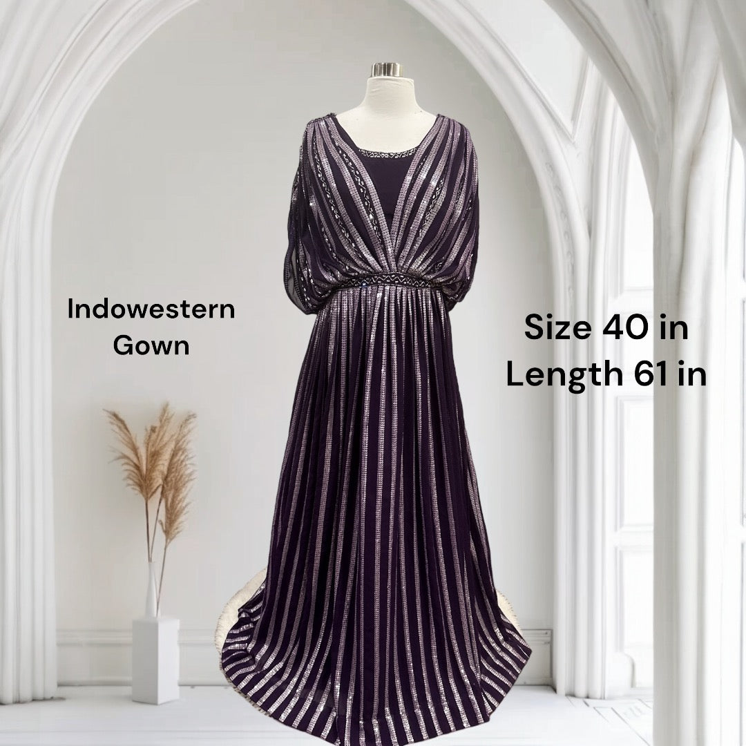 Elegant Indo-Western Partywear Gown in Dark Purple Georgette with Sequin Weave - Size 40, Length 61 inches