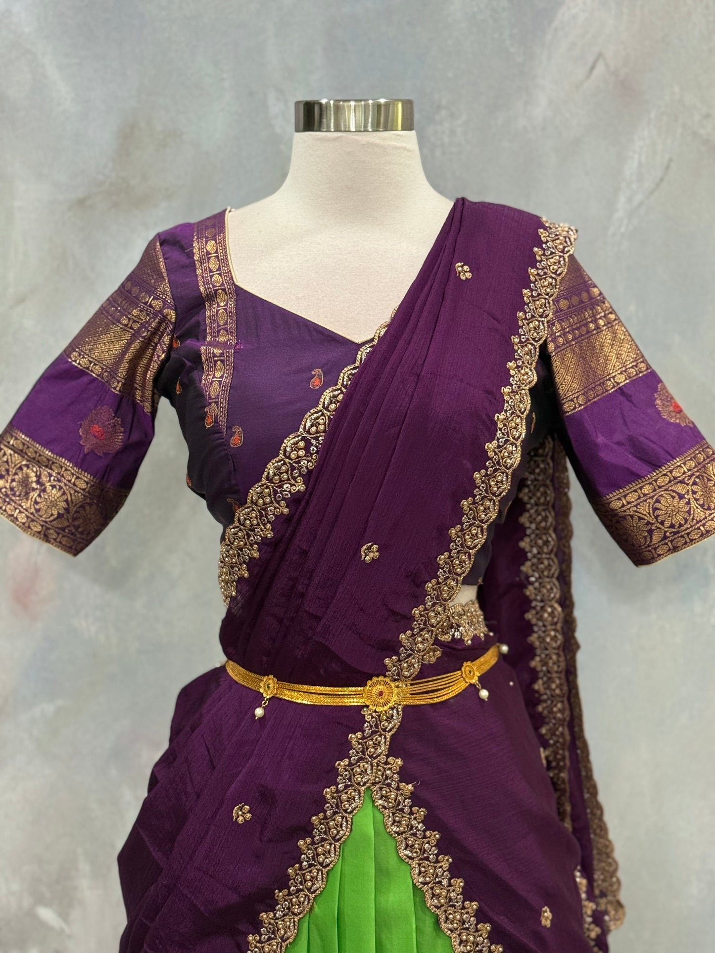 Customized traditional Gadwal half saree adorned with a stylish blouse and matching  cut work  dupatta size fits 36 to 42