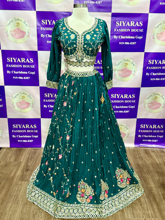 Gorgeous teal blue Lehanga Choli  with  multi color sequence embroidery size 40 in chinon fabric, Partywear Sress Ready to ship USA