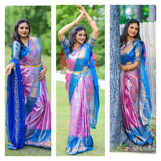 Elegant Kanchi Pattu saree in Light lavender and Blue hues with Maggam work stitched Blouse