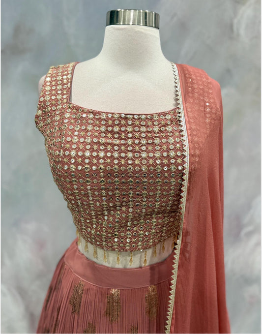 Beautiful peach pink fully stitched wedding guest partywear lehanga in jacquard silk size 40 ready to ship