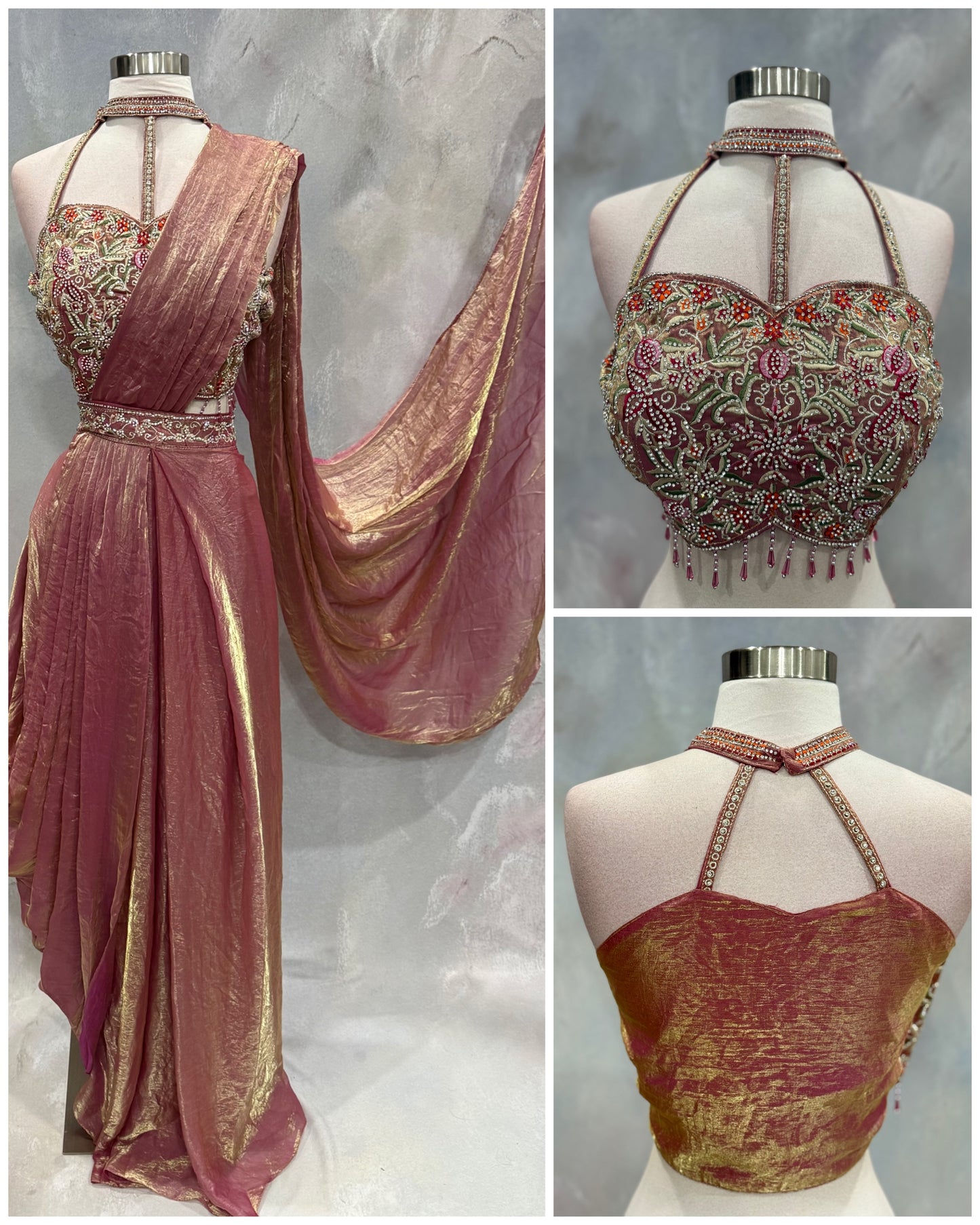 Stunning blush pink Indo-Western drape outfit featuring a beautifully embroidered tube-style blouse adorned with intricate stone, sequin, and zari work