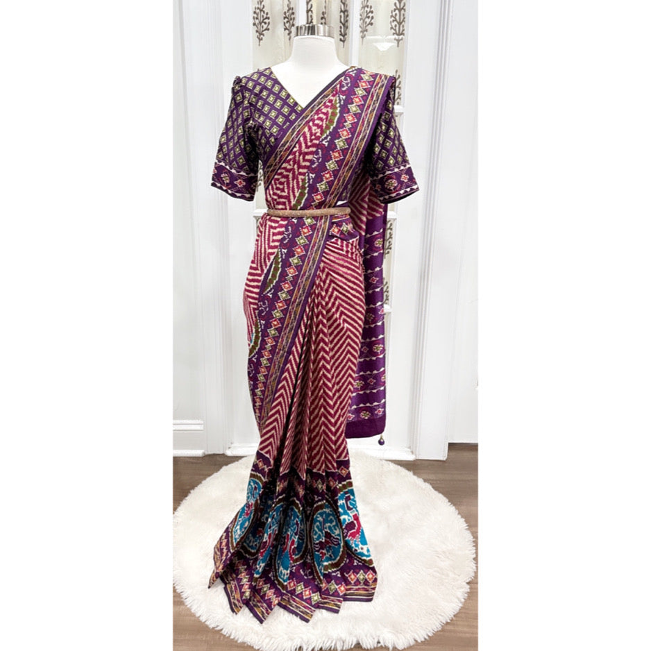 Lehariya Patola silk saree in purple and magenta combination  with stitched Blouse size fits 40 to 44