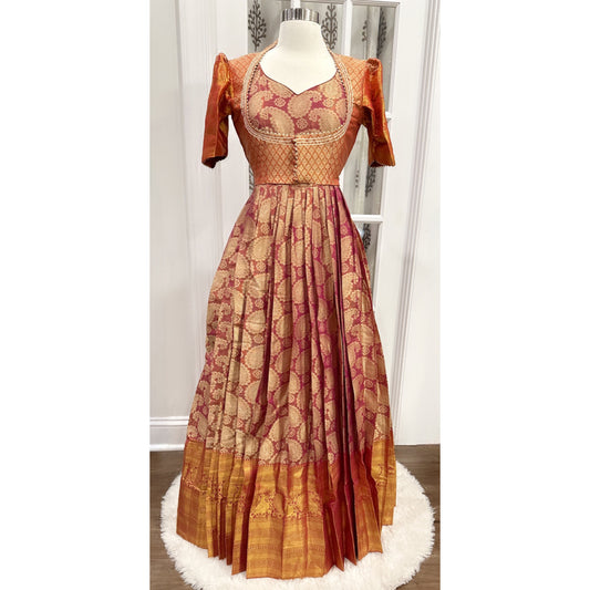 Mesmerizing Silk Anarkali Long dress with zari border with Pretty outer Jacket with Puff hands