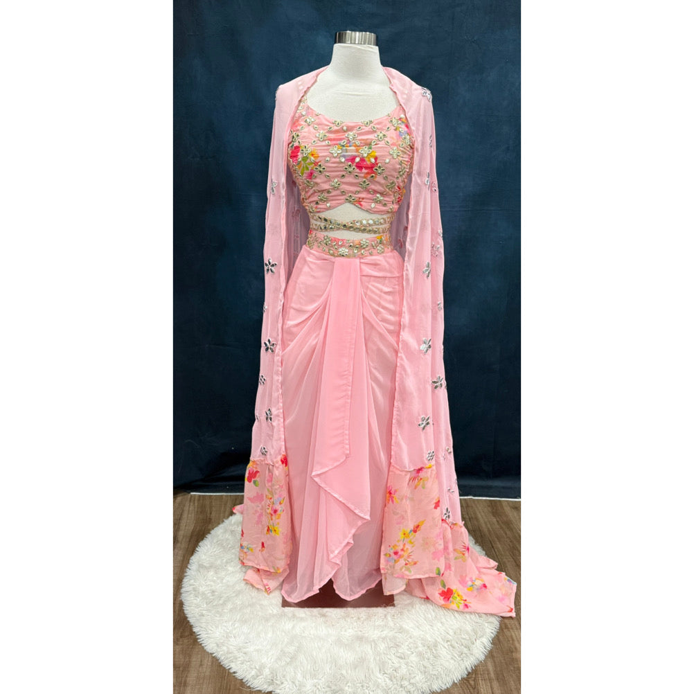 Elegant Pink Indo-Western Crop Top Set | Embroidered Partywear Dress | Drape Skirt Outfit | Size 38 | Ready to Ship from USA