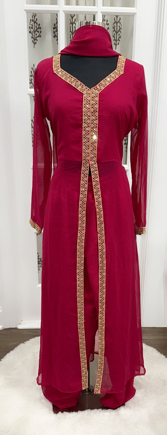 Beautiful pinkish maroon 3pc Kurti suit with front open sequence border stylish Partywear dresss size 40