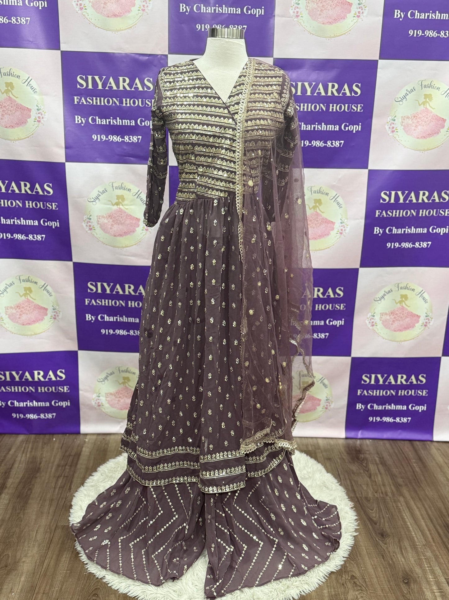 Elegant Mauve  Partywear Sequin Sharara Set | 3-Piece Suit | Palazzo Pants | Size 38 | Length 48 in
