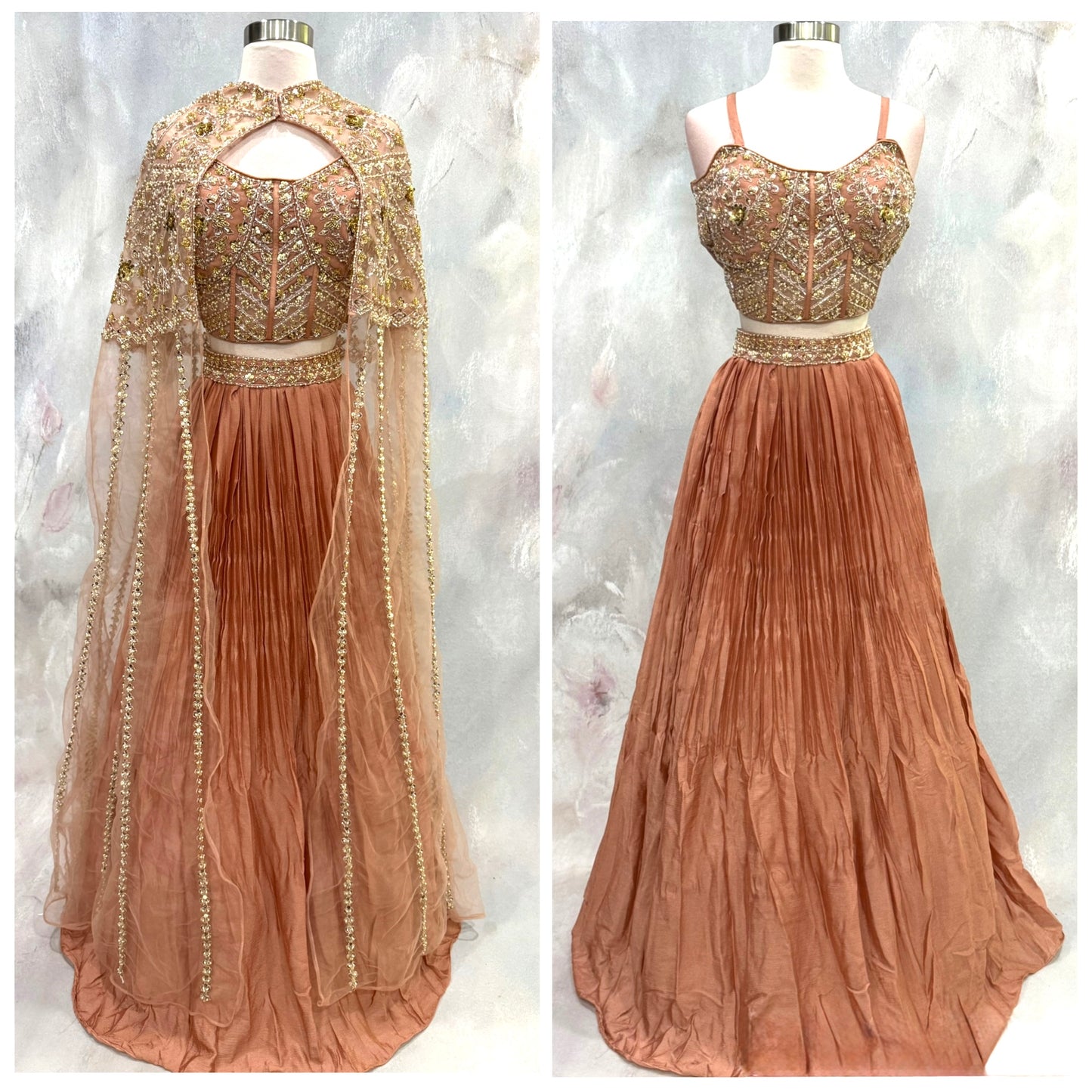 A beautiful Indo-Western Cape -style corset lehenga that blends timeless elegance with modern glamour.
Fits size 36 to 38.