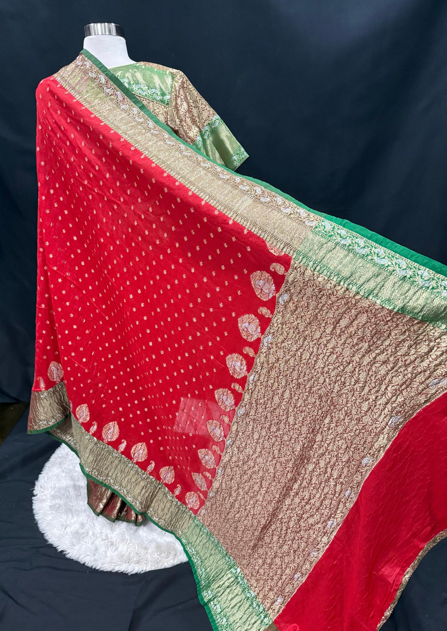 Elegant Red and Gold Banarasi Silk Saree with stitched blouse. Available in size 40 to 44.