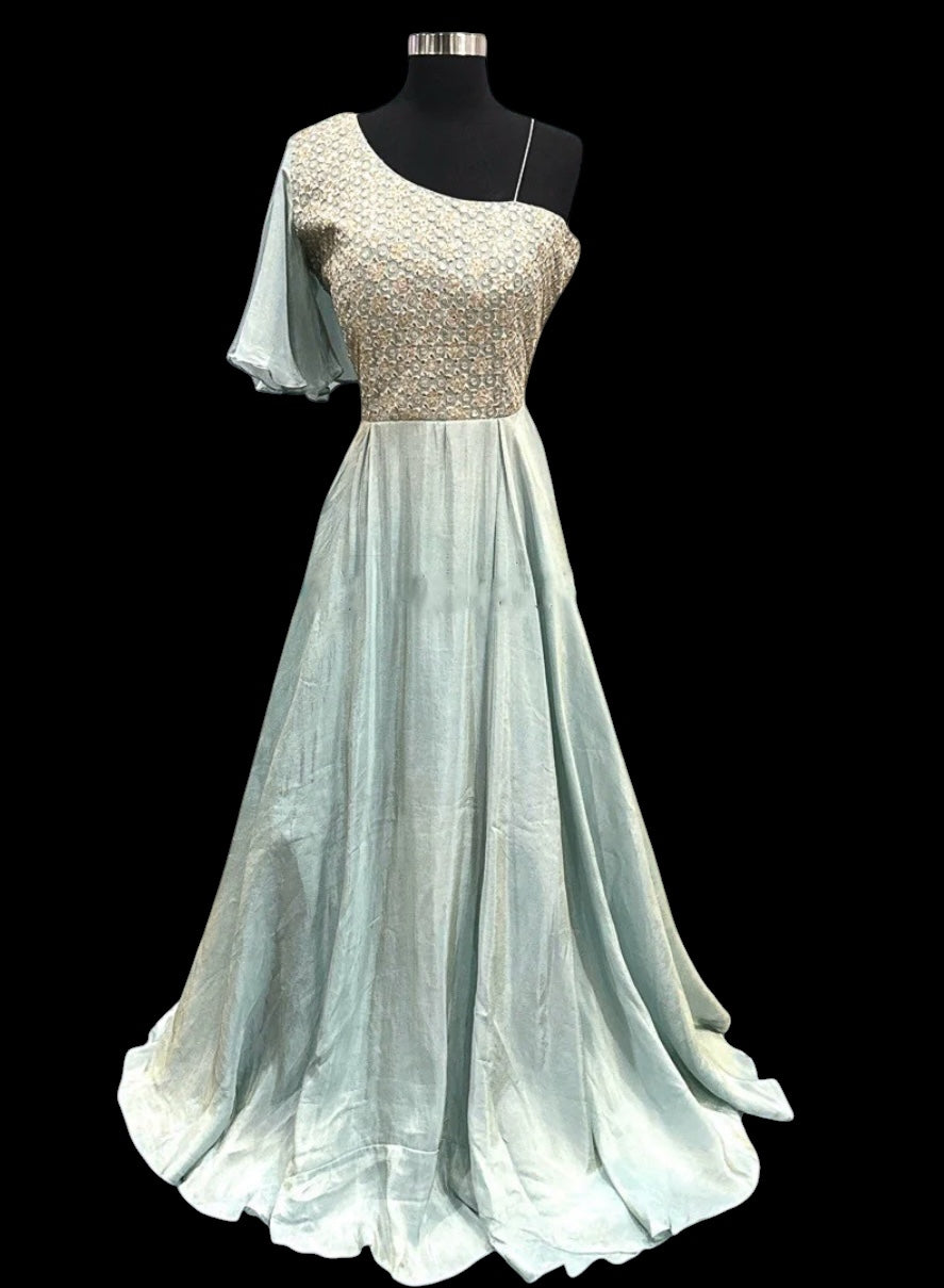 Ice Blue One-Shoulder Evening Gown | Embellished Party Dress | Wedding Guest Outfit | Reception Gown | Formal Occasion Wear | Size 40