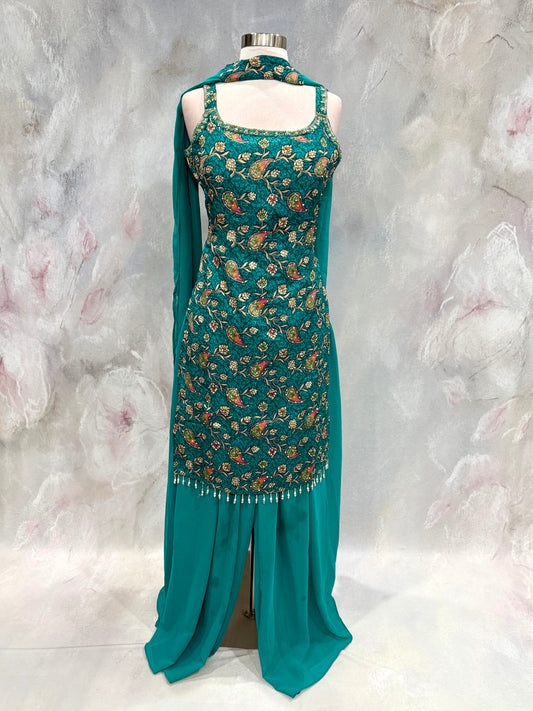 Beautiful Teal green Palazzo set Partywear dress silk top Georgette pant and dupatta ready to ship size 38   wedding guest outfit