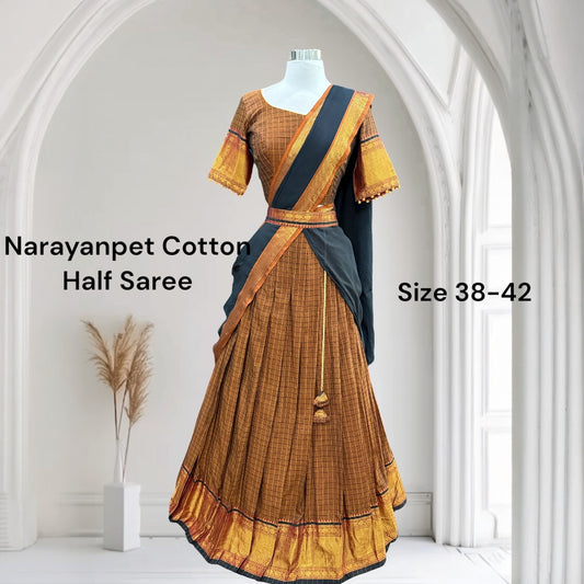 Traditional customized narayanpet cotton half saree , langa voni in brown checks and black color combo size 38 to 42