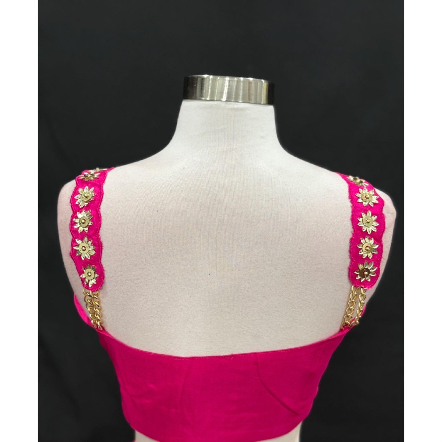 Hot Pink Mirror Work Crop Top Palazzo Set with Potli pocket. Available in size 38