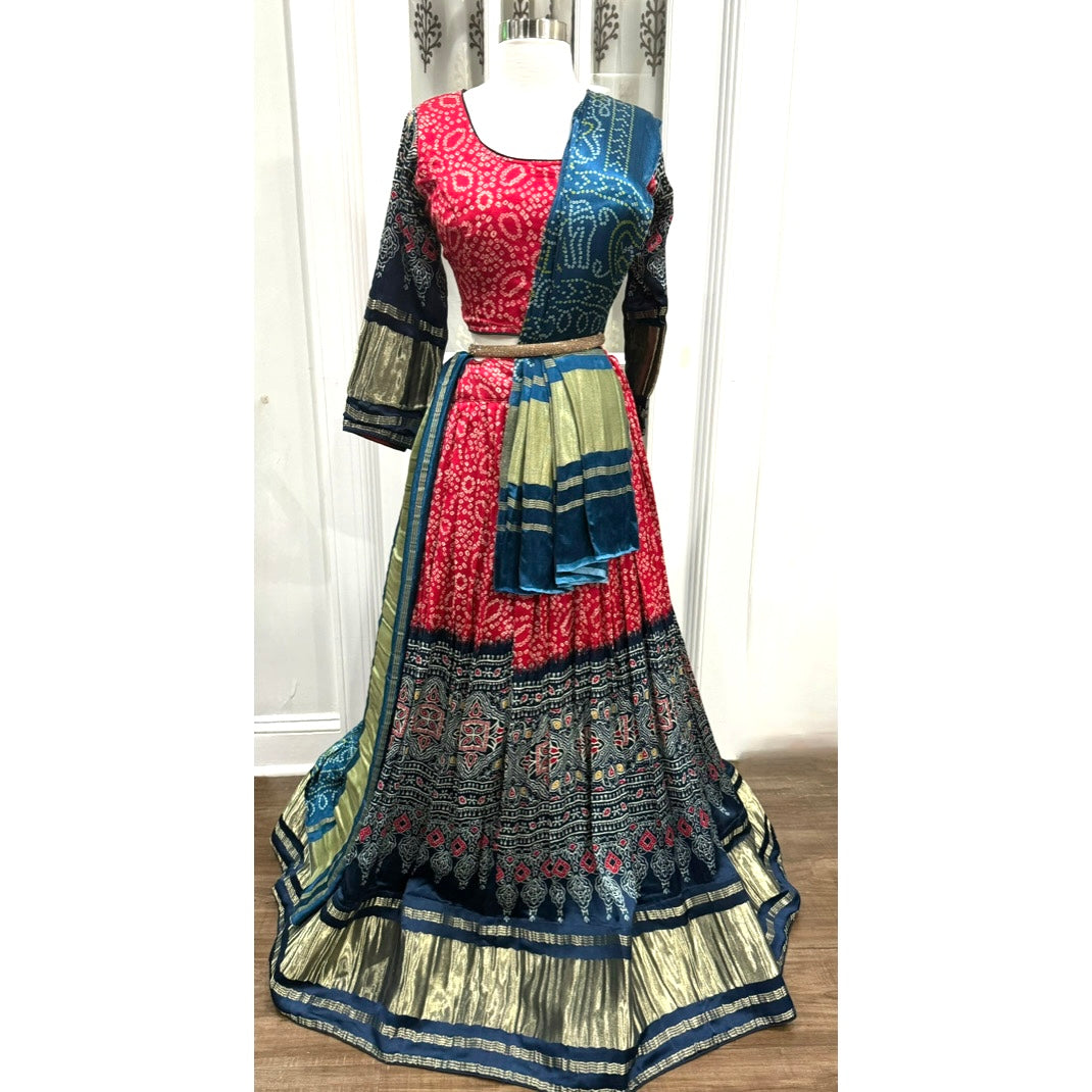 Navratri Chaniya Choli pure gajji silk Lehanga with Bandhiji  print for garbha navratri dandiya dress free ship from NC. Size 38