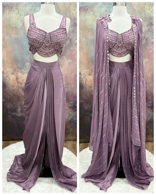 Gorgeous mauve Indo-Western outfit |Hand-embroidered crop top| flowy pleated dhoti skirt and a stunning cape-style jacket| Size 36