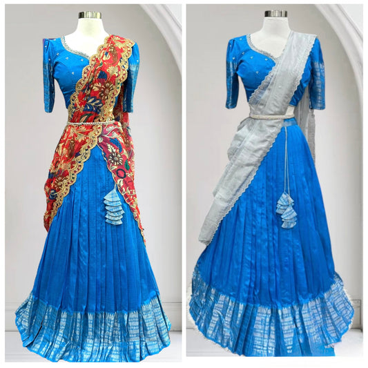 Beautiful Lavender Customized Mangalagiri half sarees with intricate Maggam work blouses and dreamy tissue or Kalamkari Dupatta. Size available is 38/40/42