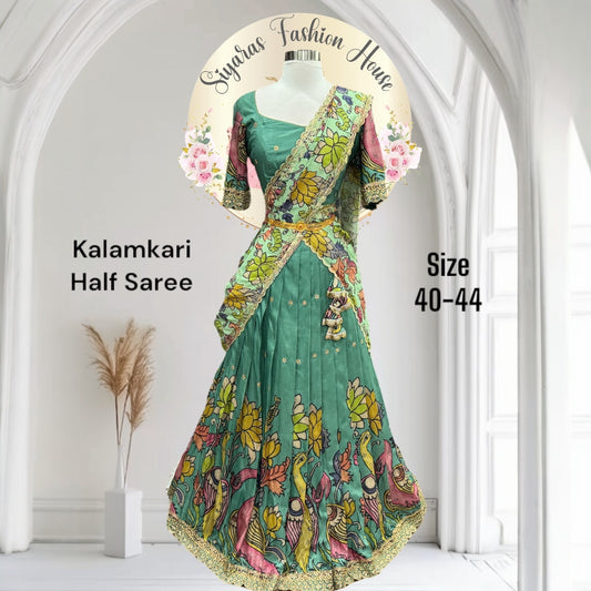 Beautiful customized soft crepe silk Kalamkari Langa Voni/half saree

Size 40-44