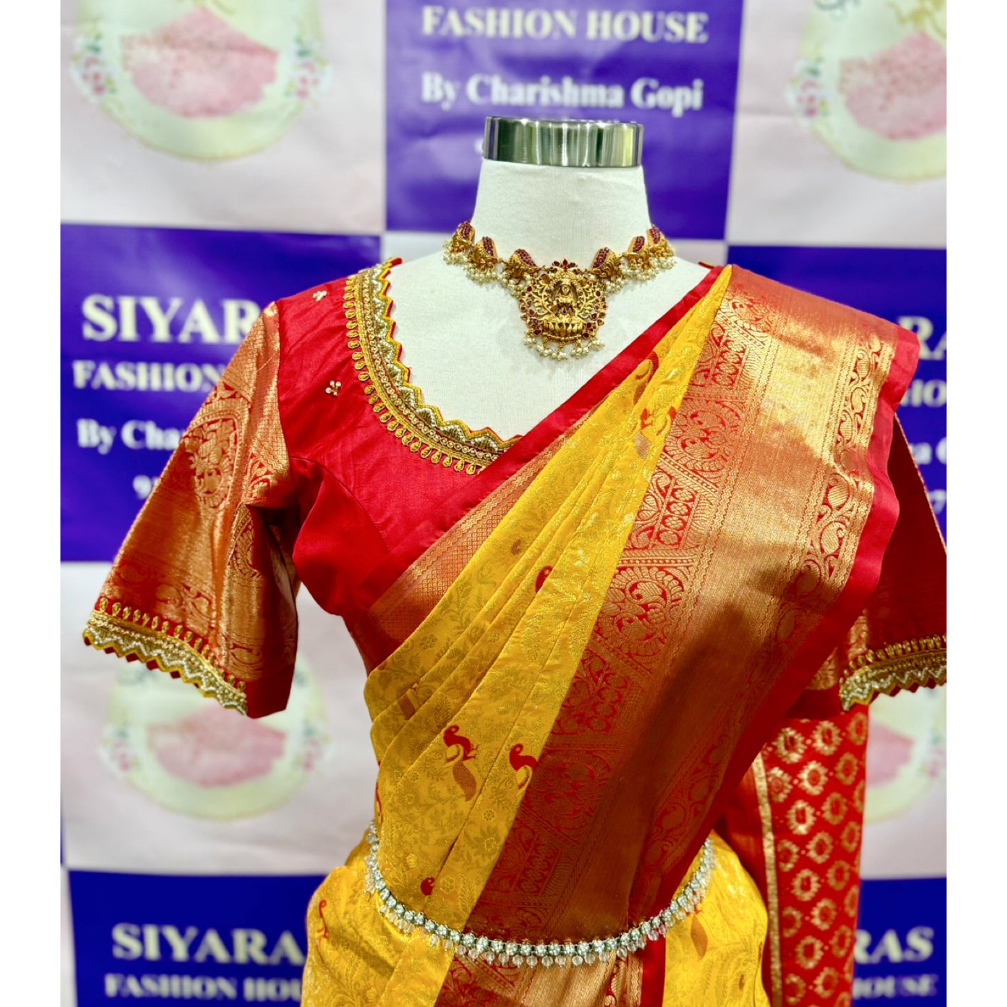 This stunning Kanchi Pattu Saree in vibrant yellow with a rich red border is paired with a Maggam work blouse that steals the spotlight with its intricate craftsmanship. Available in size 40 upto 42.