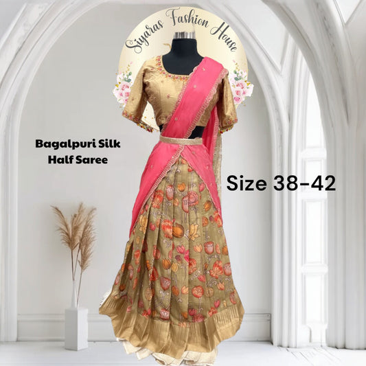 Elegant Pure Bagalpuri customized half saree with Raw silk Maggam work blouse size 38 to 42 for womens or teens ready to ship