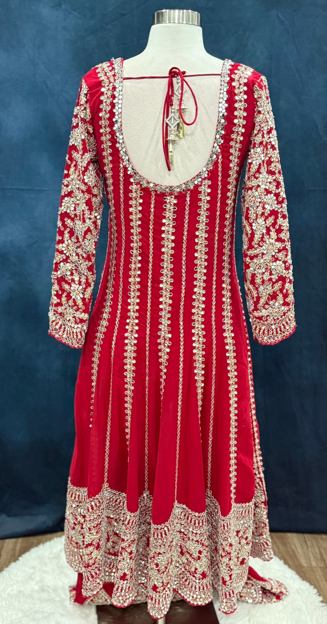 Partywear Mirror Work Anarkali Suit with Palazzo Pants and Blue Dupatta | Red Anarkali Set | Sizes Large (40) & XL (42)