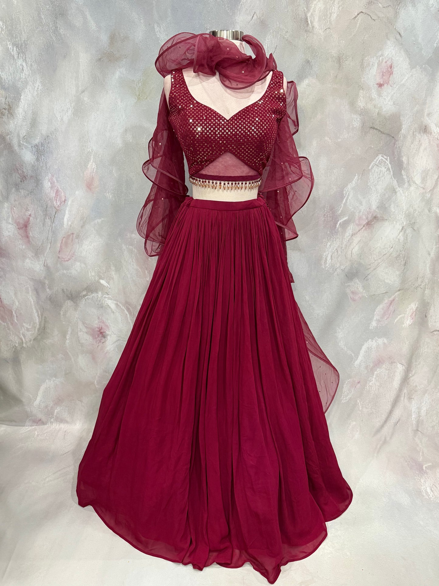 Wine-Hued Glamour Indowestern Croptop Georgette  Lehanga with Ruffle organza dupatta size 36/38 stylish blouse bead embellishments
