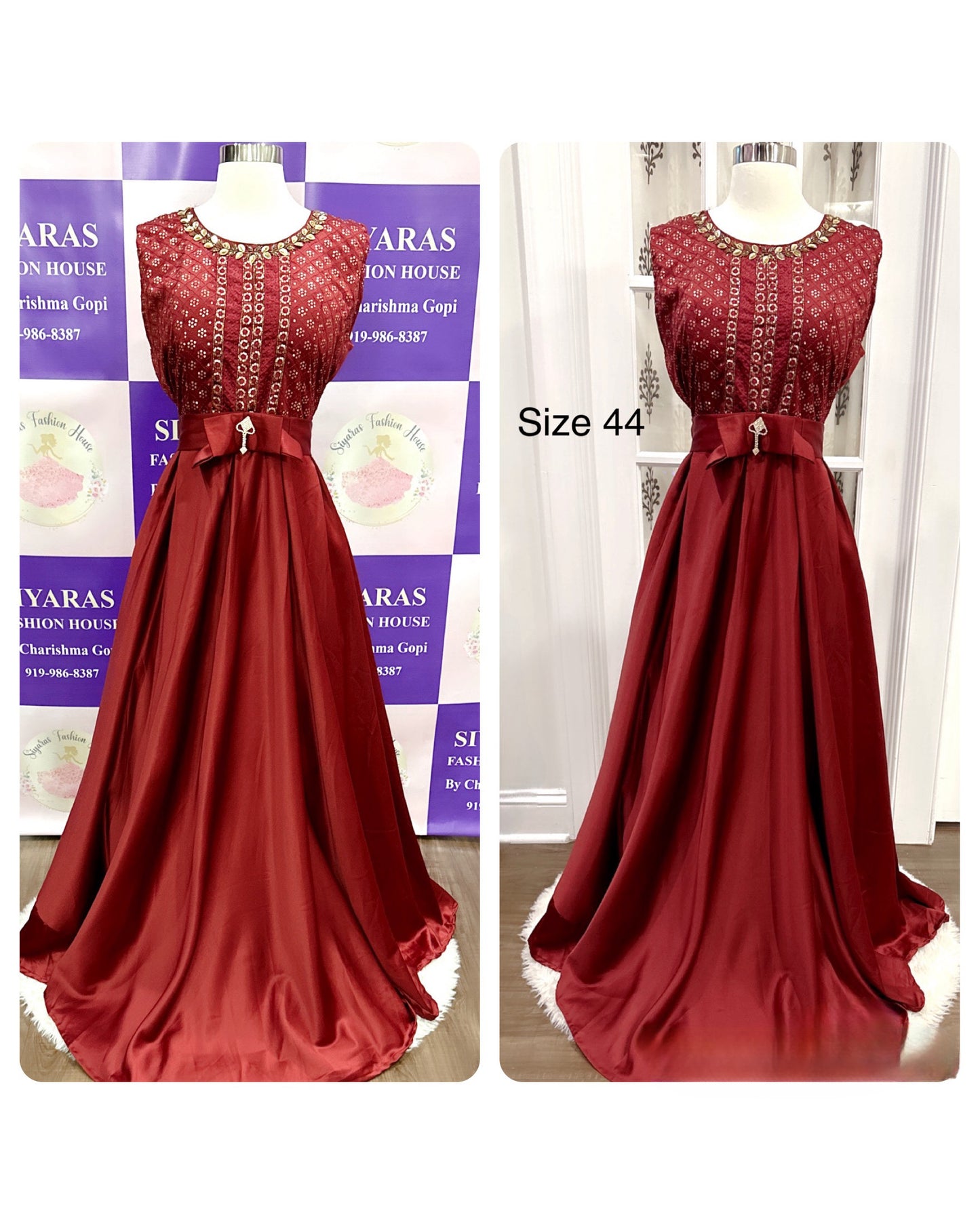 Garnet luxury Satin Gown with delicate sequin embroidery floor length gown size 44