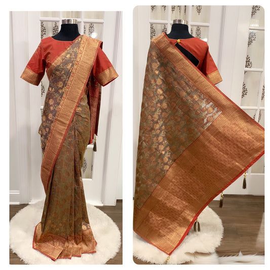 Elegant Rust color banarasi silk saree rich Pallu with stitched blouse