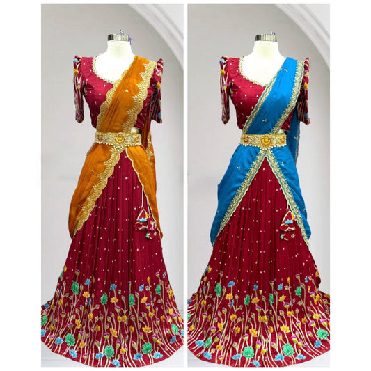 This stunning customized Kalamkari all-over work Half Saree / Langa Voni is crafted to perfection with vibrant sequence  embroidery work and elegant detailing designed Maggam work blouse (Size 36–40)