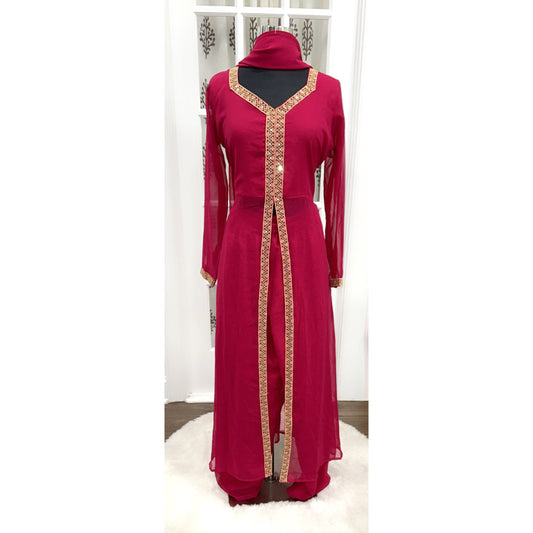 Beautiful pinkish maroon 3pc Kurti suit with front open sequence border stylish Partywear dresss size 40