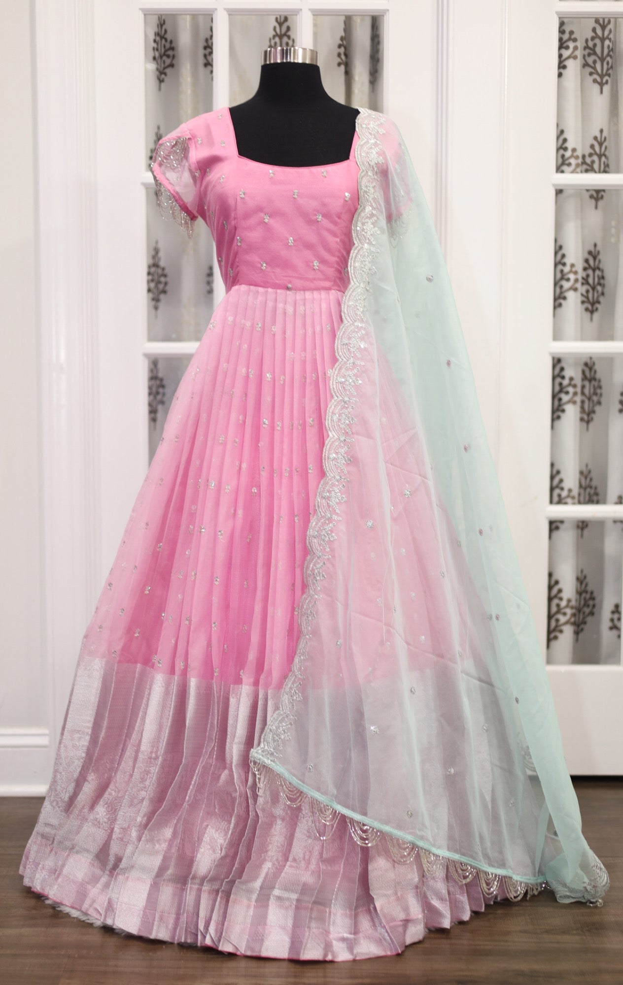 Beautiful Pink Organza Silk Long gown with sequence emplaned hand embellishments with organza Dupatta