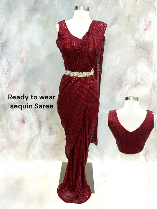 Gorgeous Ready to wear sequin sareee burgundy color sequin fabric size 38 ready to ship cocktail wedding sangeet Partywear dress