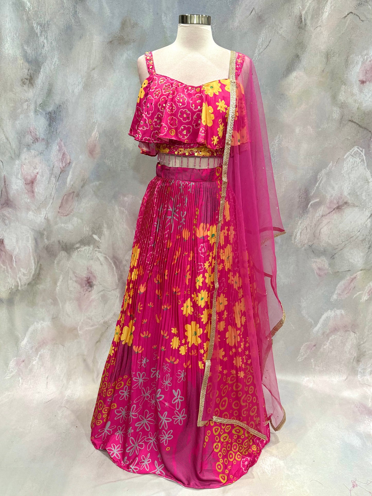Beautiful Muslin Crop top pink hues with sequence work blouse and crush floral pattern Lehanga size 38