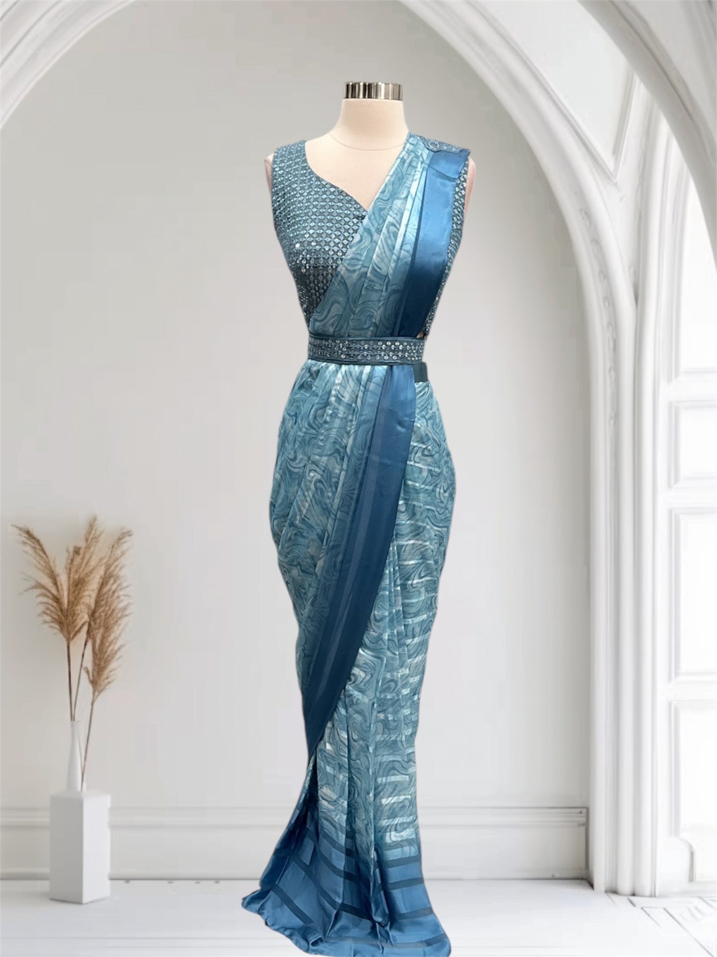 Blue Color Ready to wear Saree in Satin Silk with Printed Sequence Ready Blouse Easy to wear prepleated saree for Party/Wedding. Size 36/38.