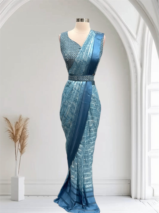 Blue Color Ready to wear Saree in Satin Silk with Printed Sequence Ready Blouse Easy to wear prepleated saree for Party/Wedding. Size 36/38.