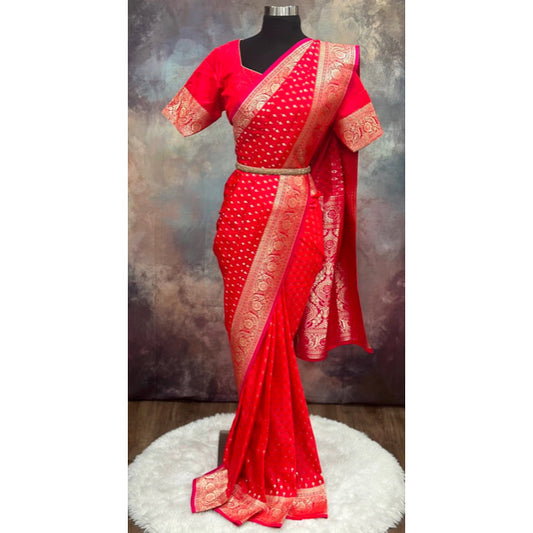 Festive vibes, elegant drapes! 💃💎 Banarasi silk sarees with red and pink dual shaded that make every moment magical in elegant colors. Sizes available 40-46.