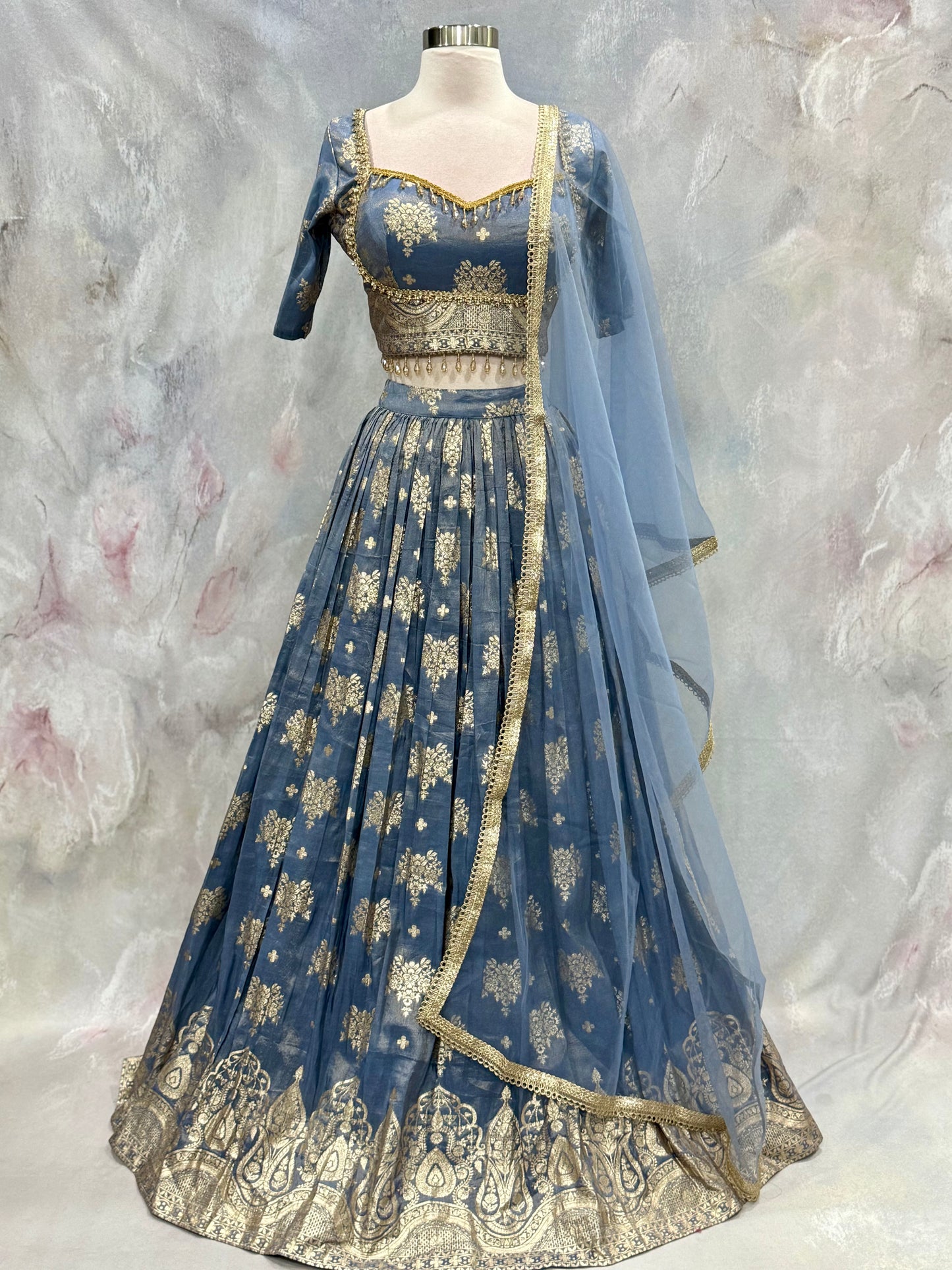 😍Steal the spotlight in this breathtaking blue wedding & partywear lehenga, adorned with intricate golden zari work. Timeless elegance crafted for your special moments😍. Fits size 40 to 42