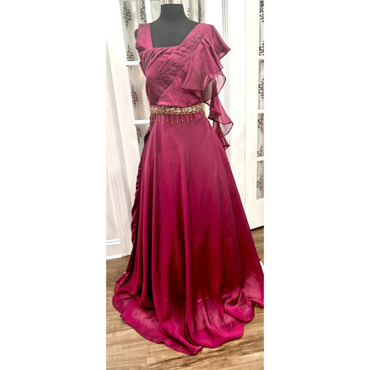 Beautiful long wine color party wear Indo western gown ready in size 40