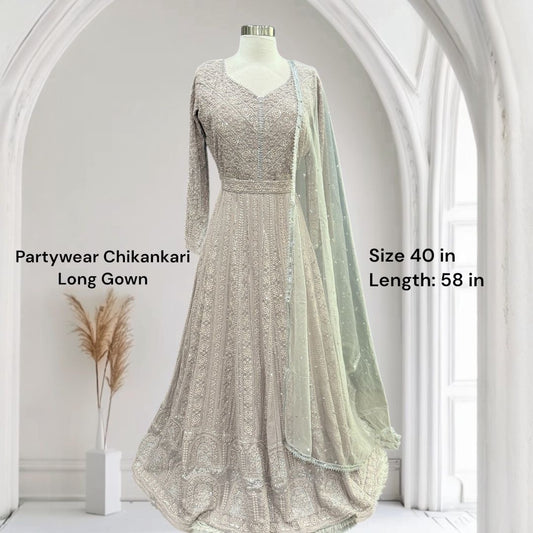 Beautiful party wear yellow Chikankari long gown available in size 40. Perfect for wedding/ sangeeth/ birthday parties and other occasions.