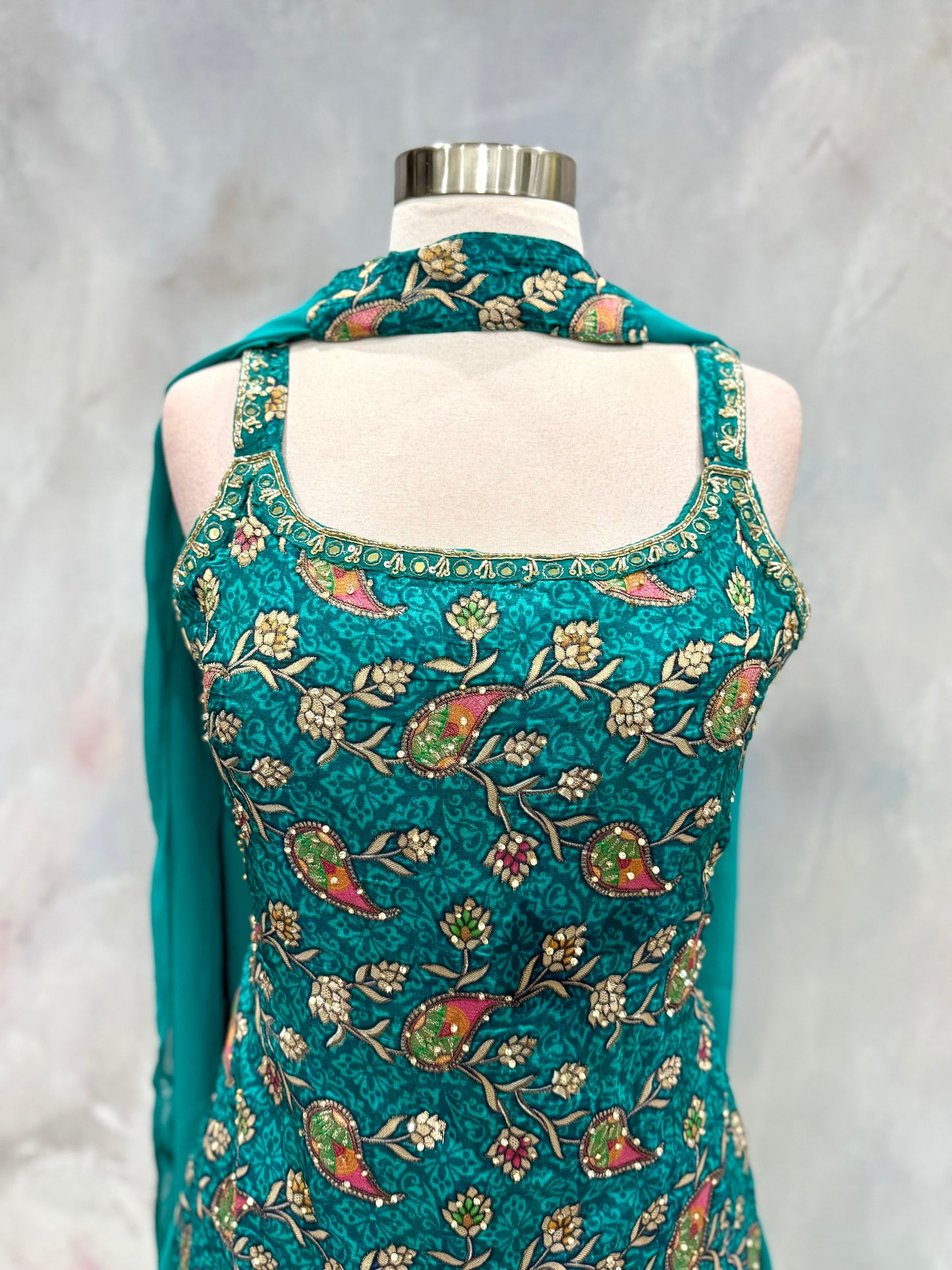 Beautiful Teal green Palazzo set Partywear dress silk top Georgette pant and dupatta ready to ship size 38   wedding guest outfit