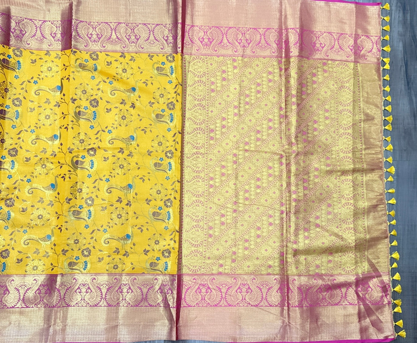 Gorgeous Banarasi Silk Saree with Pattu Border in Yellow and Magenta Pink Combo (saree only  and BP attached)
