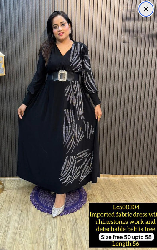 Beautiful Partywear Long Gown Dress in imported fabric with rhinestone work and detachable belt free size 50 to 58 length 56 size inclusive