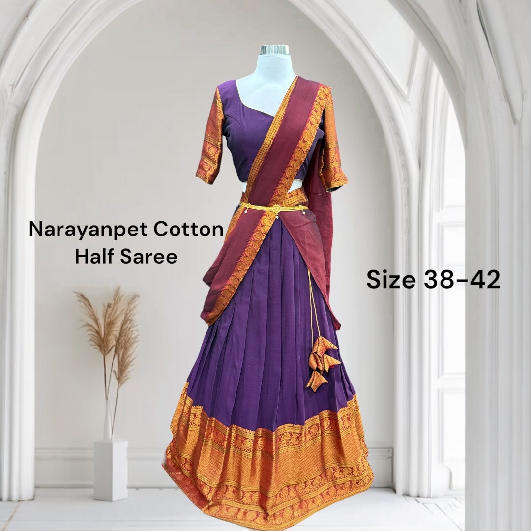 Traditional customized narayanpet cotton half saree , langa voni brinjal Color and maroon red color combo size 38 to 42