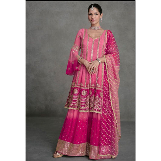 Dual Shade Pink and Fuschia Georgette Sharara Set with Embroidered Net Dupatta - XL Size Ready to ship USA