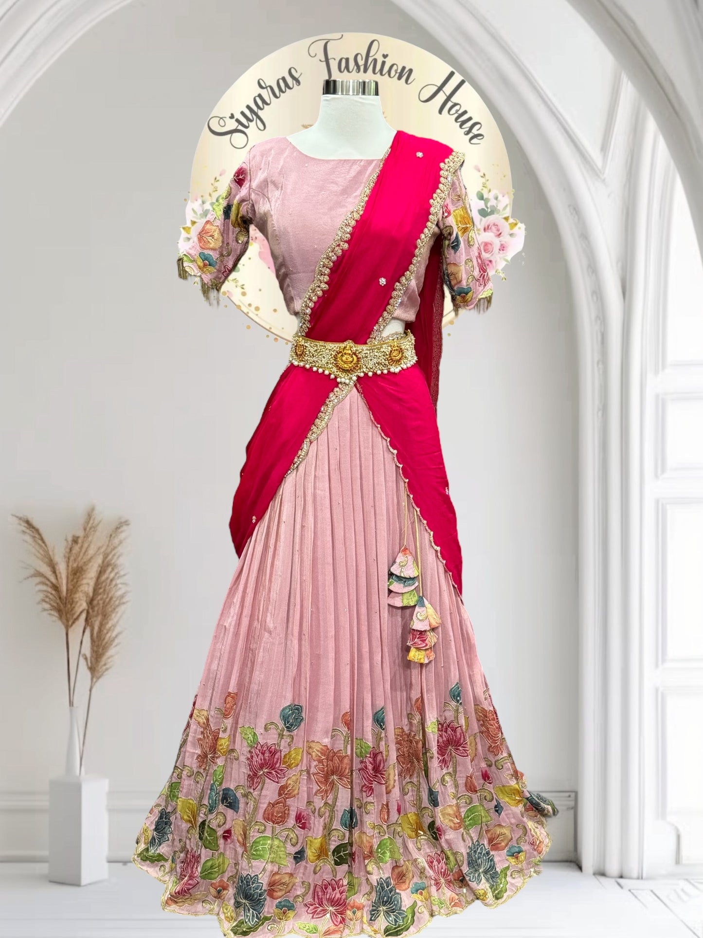 Beautiful Tissue half saree with Kalamkari design and sequence and Zari work on it. Available in size 34 to 42